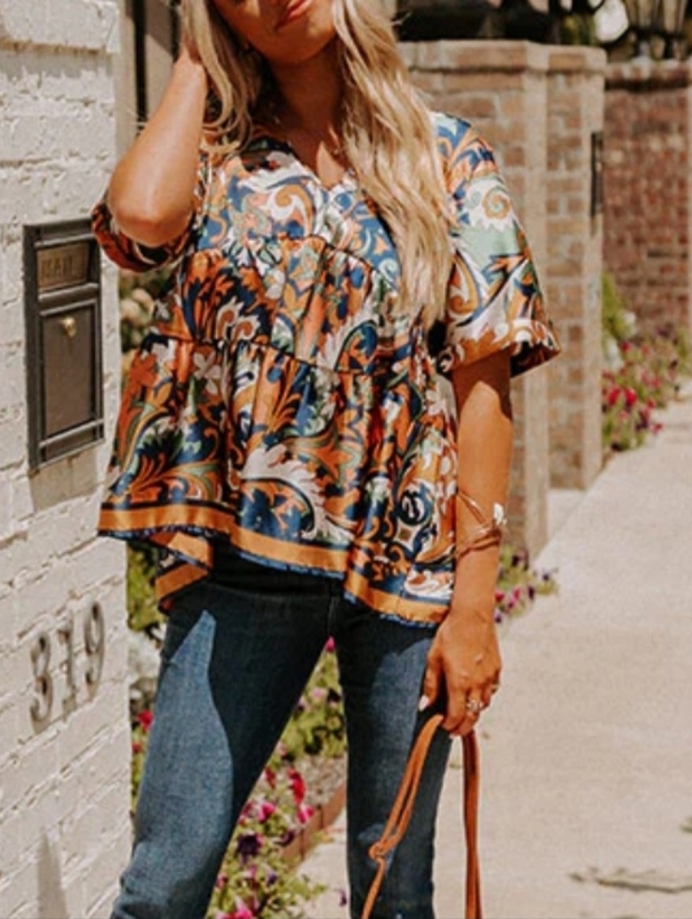Entro Boho Paisley Ruffled Short-Sleeve Top in Multicolor Size M